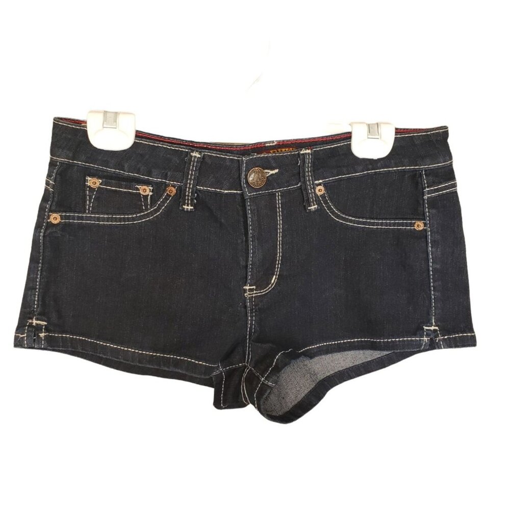 2 BWI Womens 9 Denim Shorts Dark Wash Low Rise Stretchy Casual Grunge Hipster